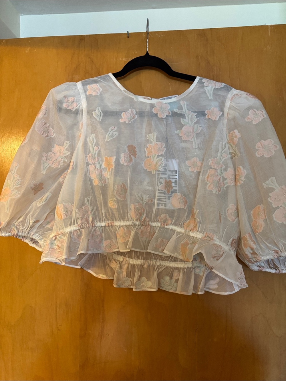 Sheer Floral Ruffle Peplum Blouse in Light Pink